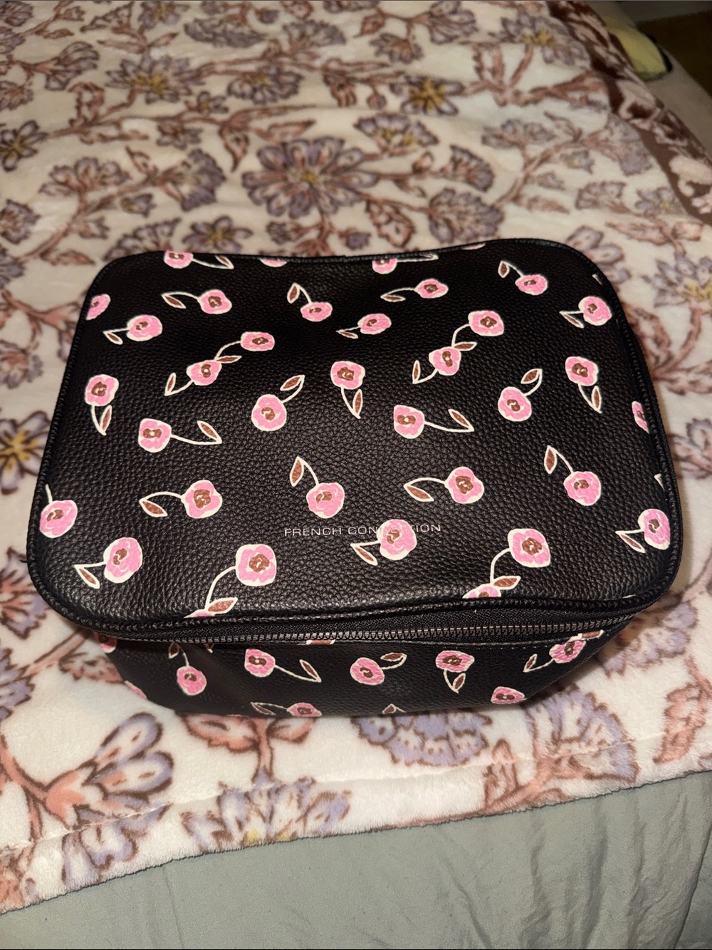 French Connection Black Cosmetic Case with Pink Floral Print